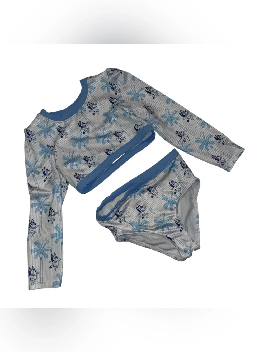 Bluey Long-Sleeve Kids Bikini Set in white & Blue Palm Print Toddler Girls 5T